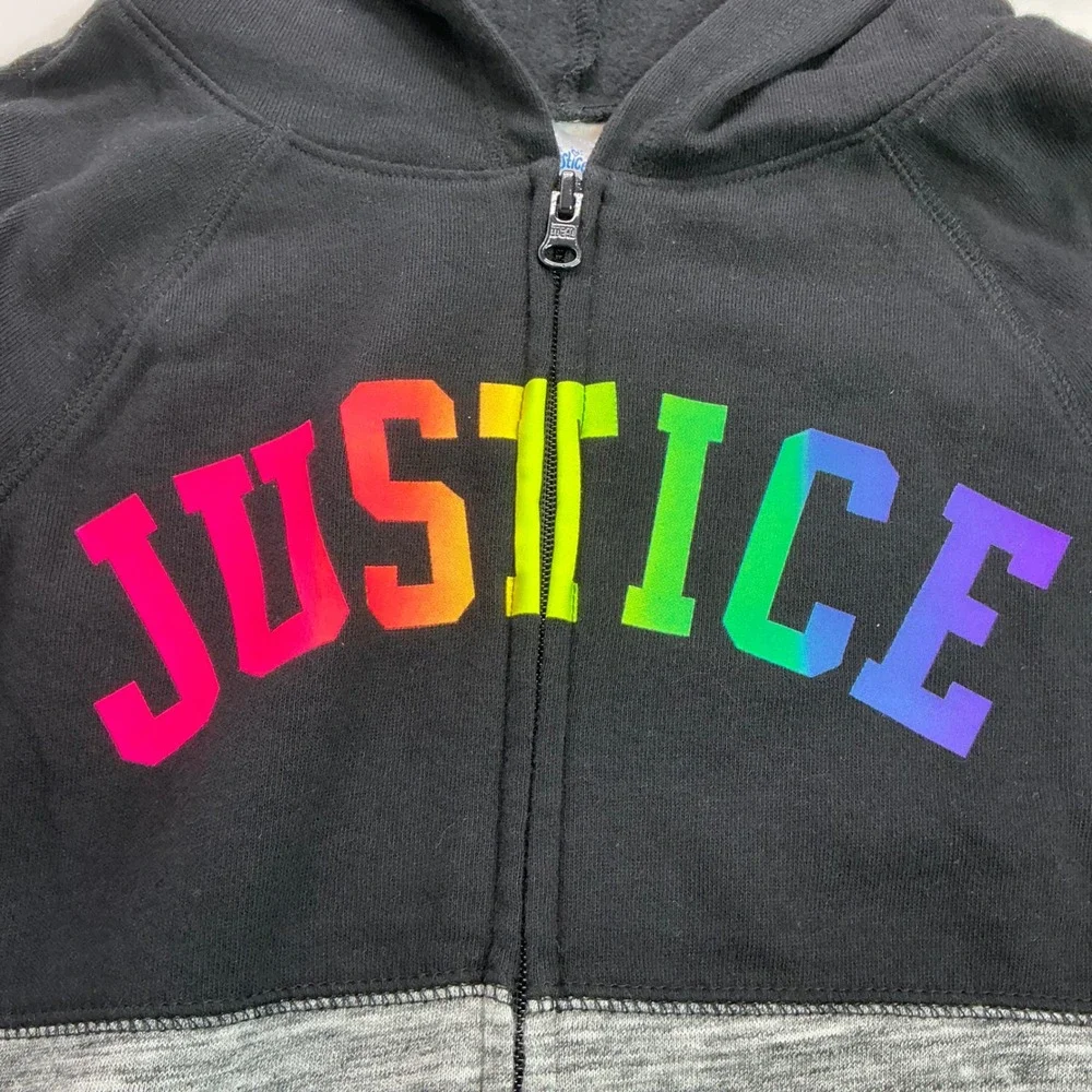 Justice Black Rainbow Logo Zip Up Hoodie Kids Size 6/7 Colorblock Varsity